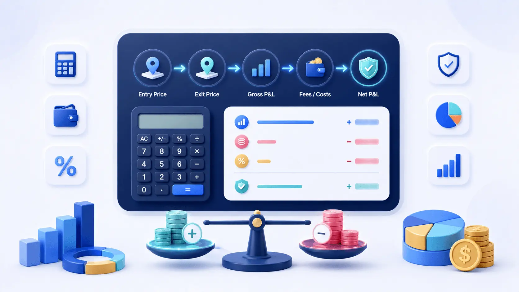 Premium fintech illustration explaining profit and loss in trading with entry price, exit price, gross P&L, fees, net P&L, calculator, and balanced gain/loss visuals.